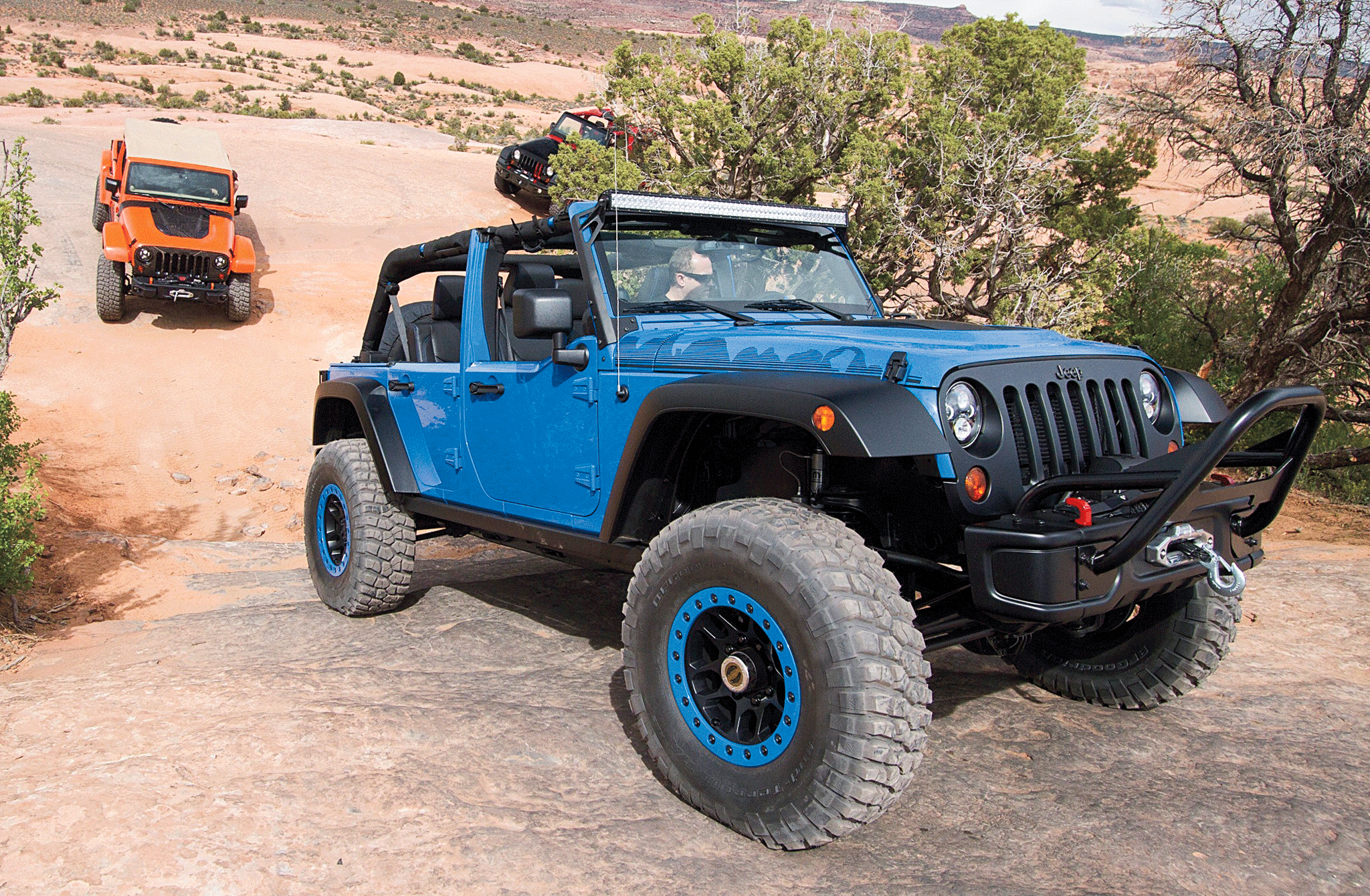 The Jeep Maximum Performance Wrangler is pretty normal for what wheelers are doing with Wranglers these days. The cool stuff is underneath: new Mopar Dana 60 axles. Yes, Mopar will soon be offering high-clearance Dana 60s with massive steering joints on par with a 1550 U-joint, and selectable electric lockers, and for a price rumored around $10K. Oddly enough, the Max Perf JK was only running 37s, kinda puny for such big axles.