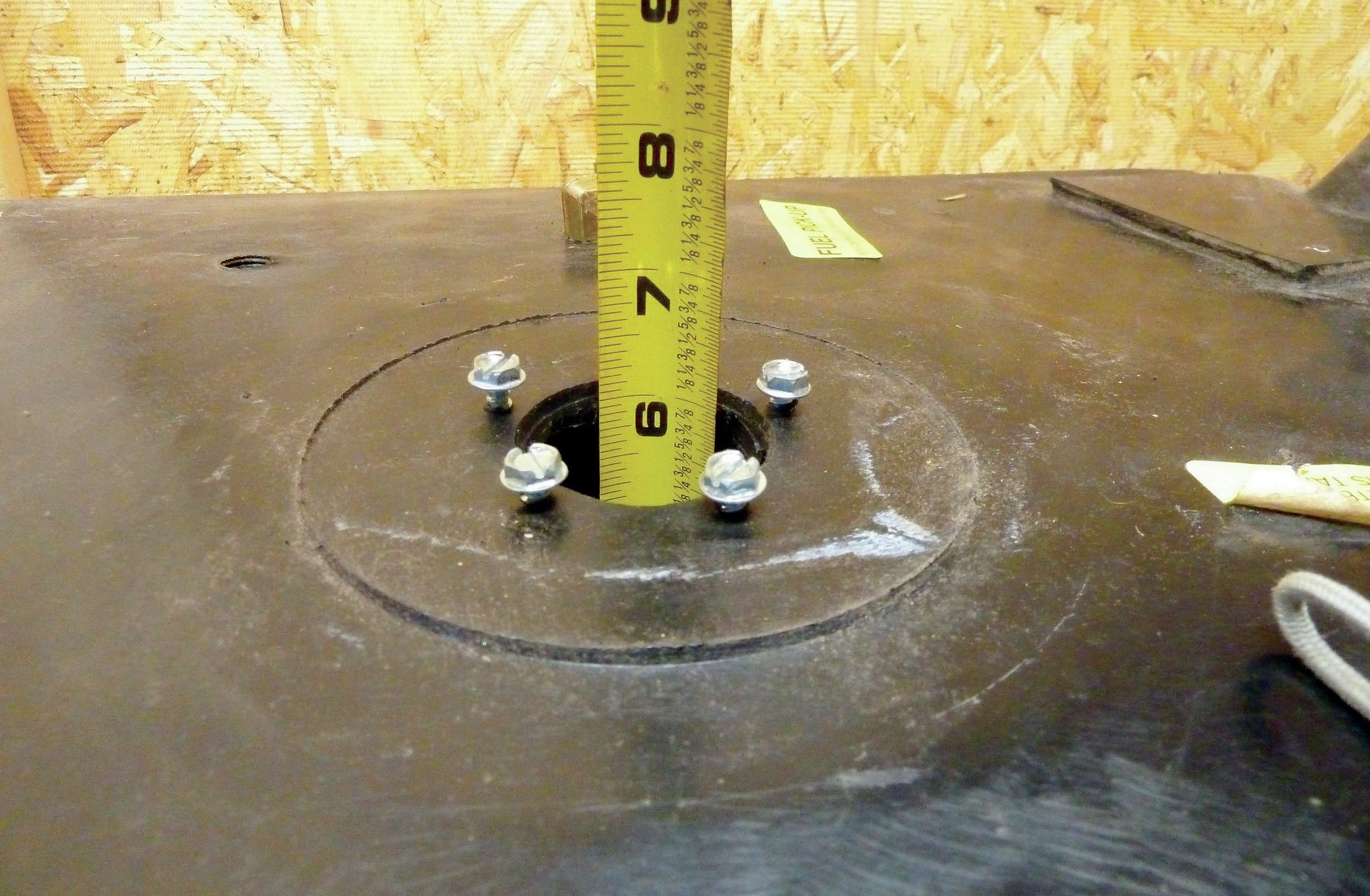The first step in installing the Sunpro universal sending unit (PN CP7591) is to measure the depth of the tank. The tank I’m using here is an early CJ replacement tank from R&P 4WD and is 6 inches deep.