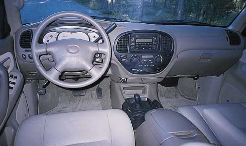The Sequoia sports a very large, very comfortable interior with superb ergonomics. Note the column-mounted transmission shift lever, and the console-mounted transfer-case shift lever.