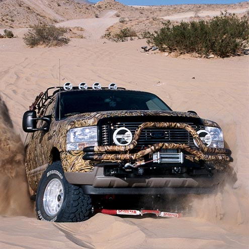 The big Excursion is very capable off-road, thanks to lots of ground clearance and gobs of power from the modified Power Stroke engine. The truck is no trailer queen—it was driven to the SEMA show in Las Vegas from SPAL headquarters in Des Moines, Iowa.