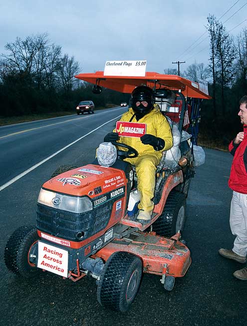 Nice plate. Gary Hatter has ridden this lawn mower once around the country and is working on a second pass. He had driven 13,200 miles when we met him, and had been at it for 232 days.