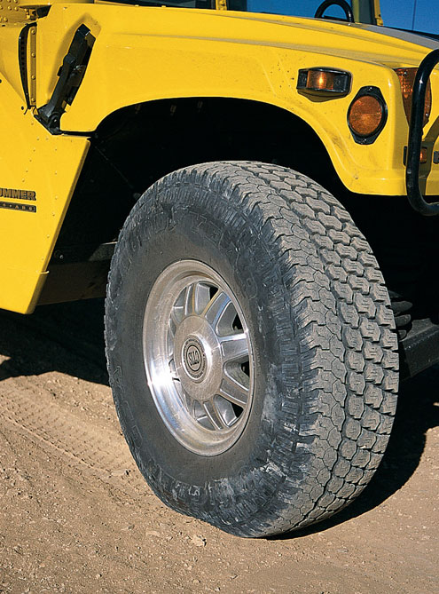 The 37x12.50x17 Hummer meats on aluminum wheels looked and worked sweet. But not good enough for them to cost more than a lift kit and rubber for a TJ. They did absorb some of the smaller bumps when aired down and they were incredibly grippy. Fullsize spare not included.