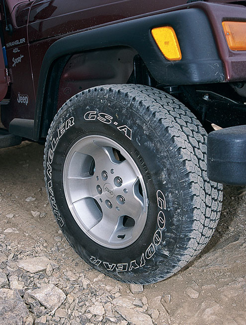 Our test TJ came with 30x9.50x15 tires on aluminum wheels. The fullsize spare and matching wheel hangs on the back. A 30-inch tire is also much easier to find if you ever end up stranded in Nowhereville.
