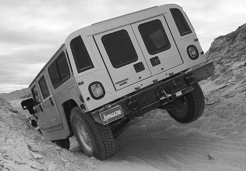The Hummer’s four-wheel independent suspension didn’t flex much. However, the traction devices usually made up for any shortcomings. That is when the Hummer would actually fit on the trail.